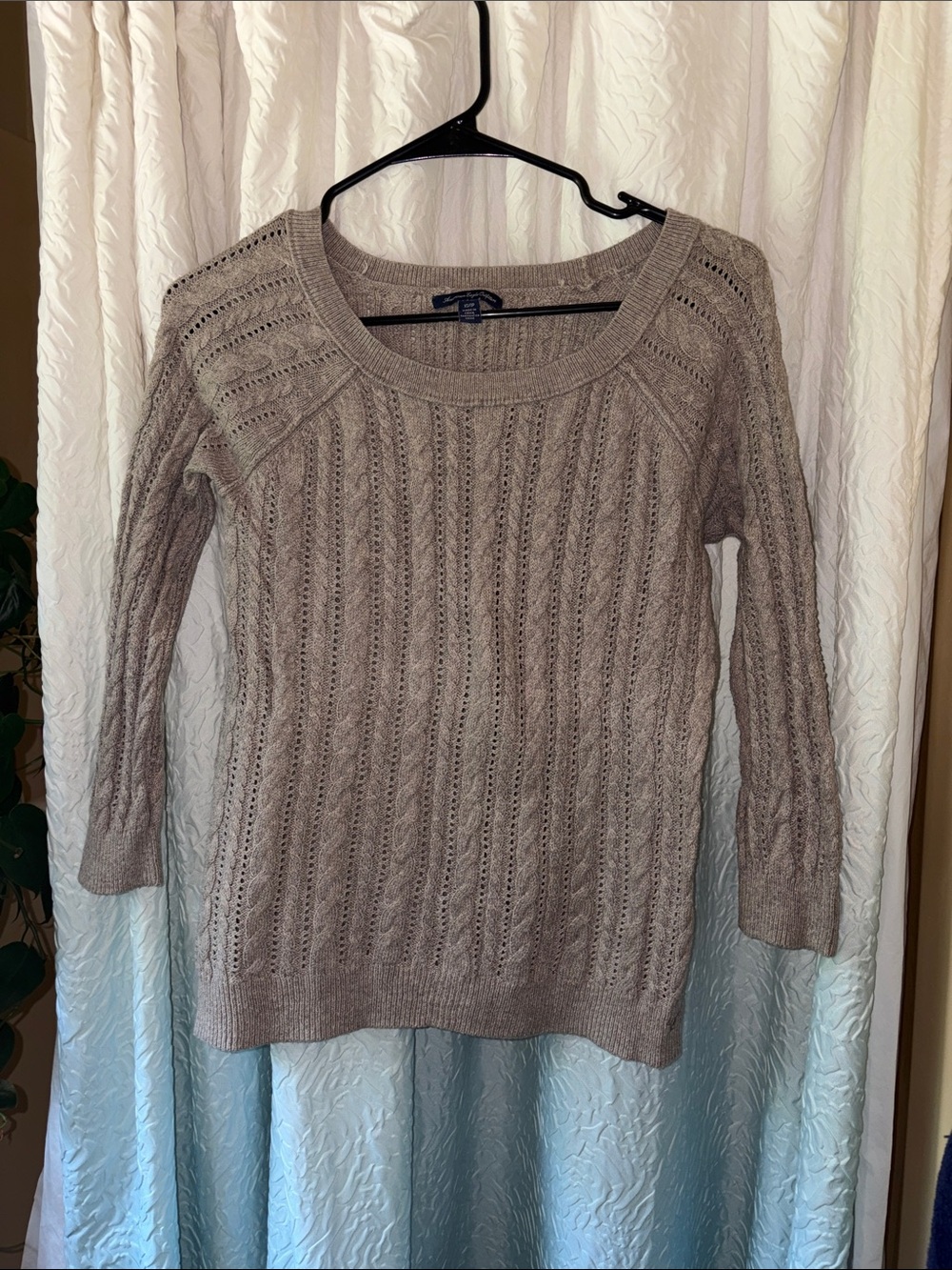American Eagle Women's Taupe Cable-Knit Sweater - Crewneck